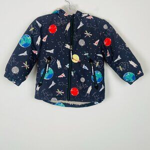 Mini Boden Pack-Away Padded Jacket Navy Space Rocketship Sherpa, Size 3 – 4